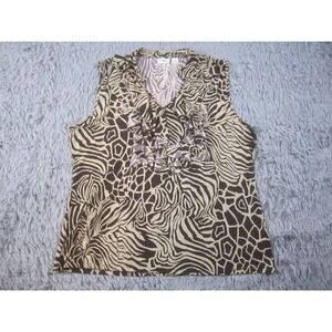 Cato Shirt Womens XL Brown Black Animal‎ Print Sleeveless Ruffle V-Neck Top Knit